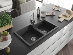 Mexen Tomas гранитна мивка с 2 камери с кухненски смесител Rita, черен на точки - 6516-76-670300-00