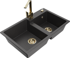 Mexen Tomas гранитна мивка с 2 отделения и кухненски смесител Rita, черен на пръски - 6516-76-670300-50