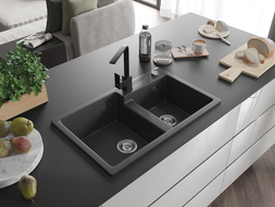 Mexen Tomas две мивки от гранит с кухненски смесител Rita, черно напукано