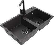 Mexen Tomas гранитна мивка с 2 отделения и кухненски смесител Rita, черно напукано - 6516-76-670300-70-B
