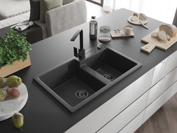 Mexen Tomas гранитна мивка с 2 отделения и кухненски смесител Rita, черно напукано - 6516-76-670300-70-B