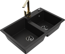 Mexen Tomas гранитна кухненска мивка с две корита и кухненски смесител Rita, черен - 6516-77-670300-50-B