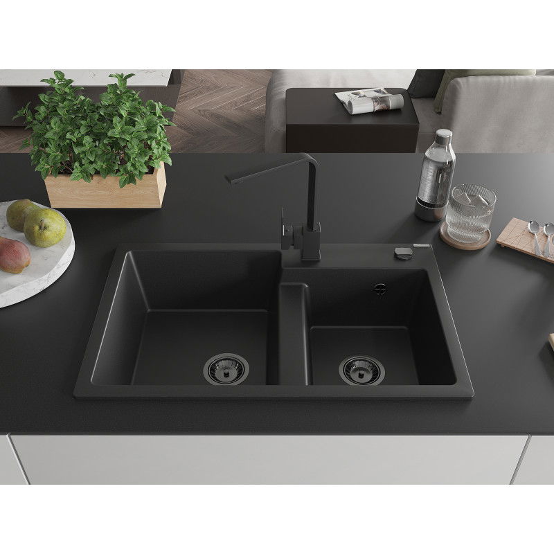 Mexen Tomas гранитна мивка с 2 камери и кухненски смесител Rita, черен - 6516-77-670300-70-B