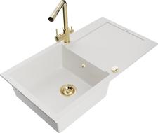 Mexen Leo еднокоморна мивка от гранит с отцедник и кухненски смесител Duero, бял - 6501-20-671600-50