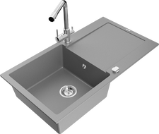 Mexen Leo гранитна мивка с 1 камера, отцедник и кухненски смесител Duero, сив - 6501-71-671600-00