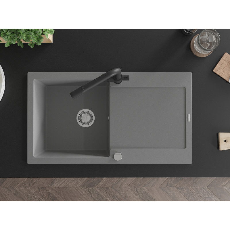 Mexen Leo гранитна мивка с 1 корито и отцедник, с кухненски смесител Duero, сив - 6501-71-671600-70