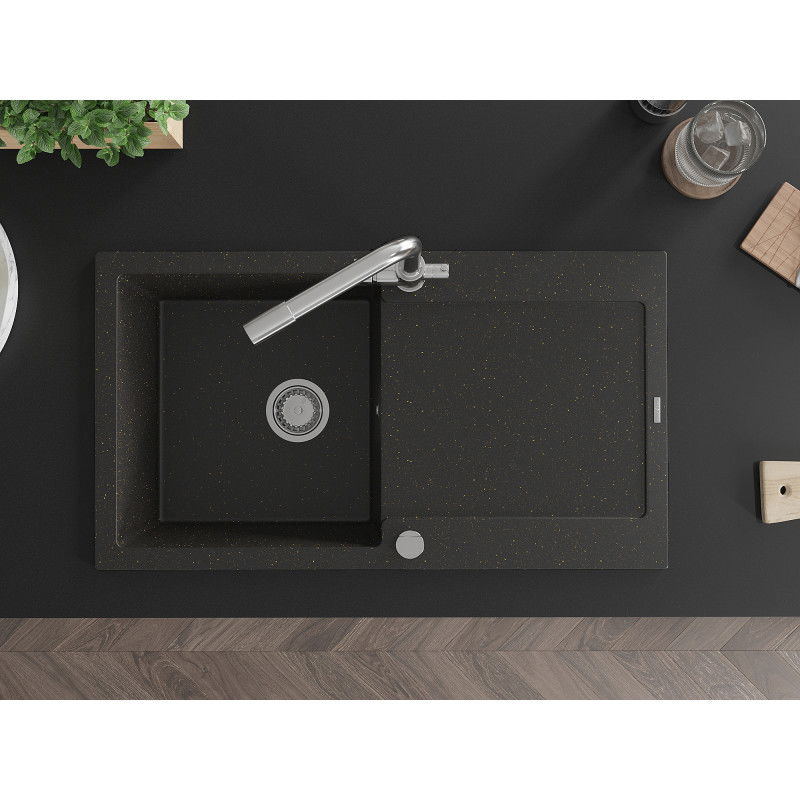 Mexen Leo гранитна мивка с 1 камера с отцедник и кухненски смесител Duero, черен/златен металик - 6501-75-671600-00