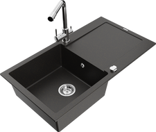 Mexen Leo гранитна мивка с 1 камера с отцедник и кухненски смесител Duero, черен/златен металик - 6501-75-671600-00