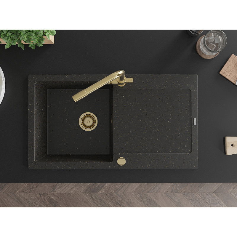 Mexen Leo еднокоморна мивка от гранит с отцедник и кухненски смесител Duero, черен/златен металик - 6501-75-671600-50