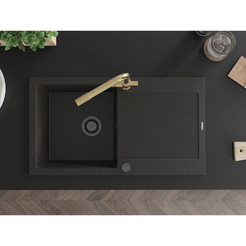 Mexen Leo гранитна кухненска мивка с 1 корито, отцедник и кухненски смесител Duero, черен/златист металик - 6501-75-671600-50-B