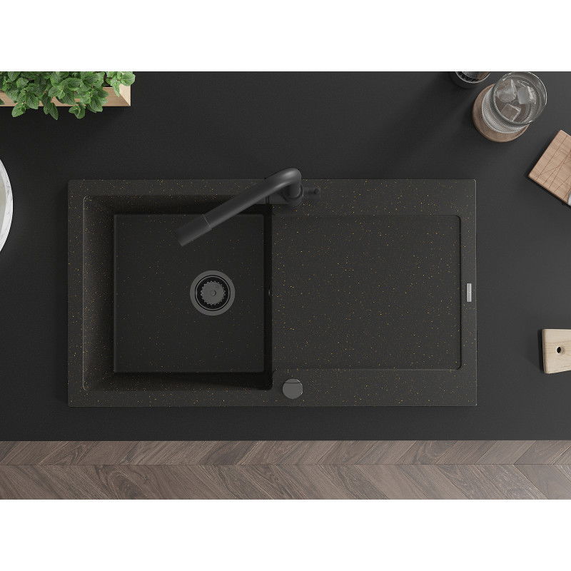 Mexen Leo гранитна мивка с 1 отделение с дренаж и кухненски смесител Duero, черен/златист металик - 6501-75-671600-70-B
