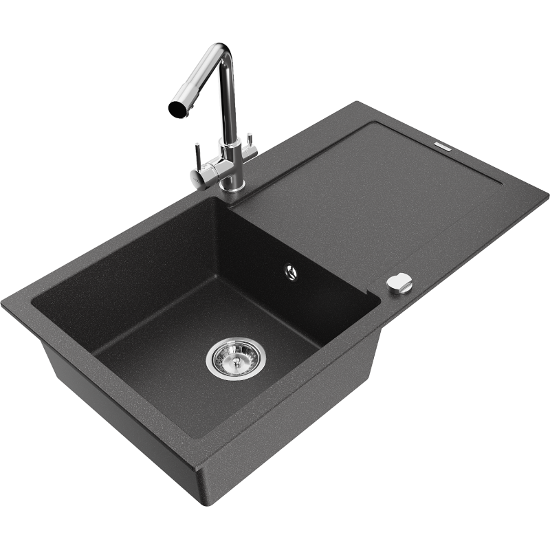 Mexen Leo гранитна мивка с едно корито със сушилник и кухненски смесител