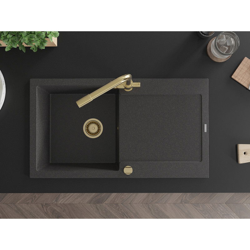 Mexen Leo мивка гранитна еднокамерна с отцедник и кухненски смесител Duero, черен на пръски - 6501-76-671600-50