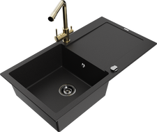 Mexen Leo гранитна мивка с 1 отделение и отцедник и кухненски смесител Duero, черен - 6501-77-671600-50-B