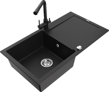 Mexen Leo гранитна кухненска мивка 1-отделение с дренаж и кухненски смесител Duero, черен - 6501-77-671600-70