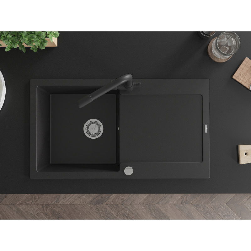 Mexen Leo гранитна кухненска мивка 1-отделение с дренаж и кухненски смесител Duero, черен - 6501-77-671600-70