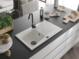 Mexen Cesar гранитна мивка с 1 корито с отцедник и кухненски смесител Telma, бял - 6514-20-670200-70