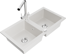 Мексен Марио гранитна мивка 2-камерна с кухненски кран Дуеро, бял - 6504-20-671600-00