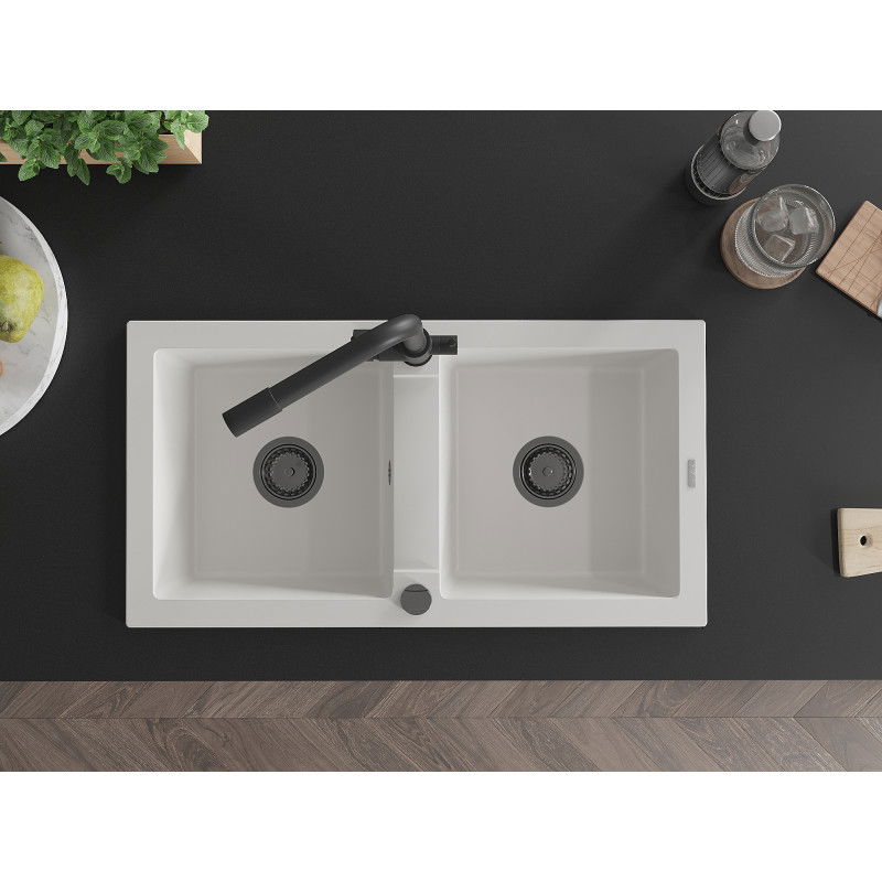 Mexen Mario мивка от гранит с 2 отделения и кухненски смесител Duero, бял - 6504-20-671600-70