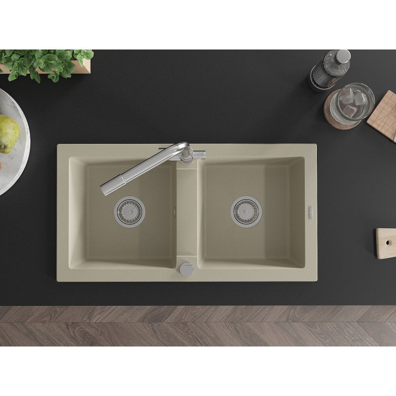 Mexen Mario двоен кухненски мивка от гранит с кухненски смесител Duero, бежов - 6504-69-671600-00
