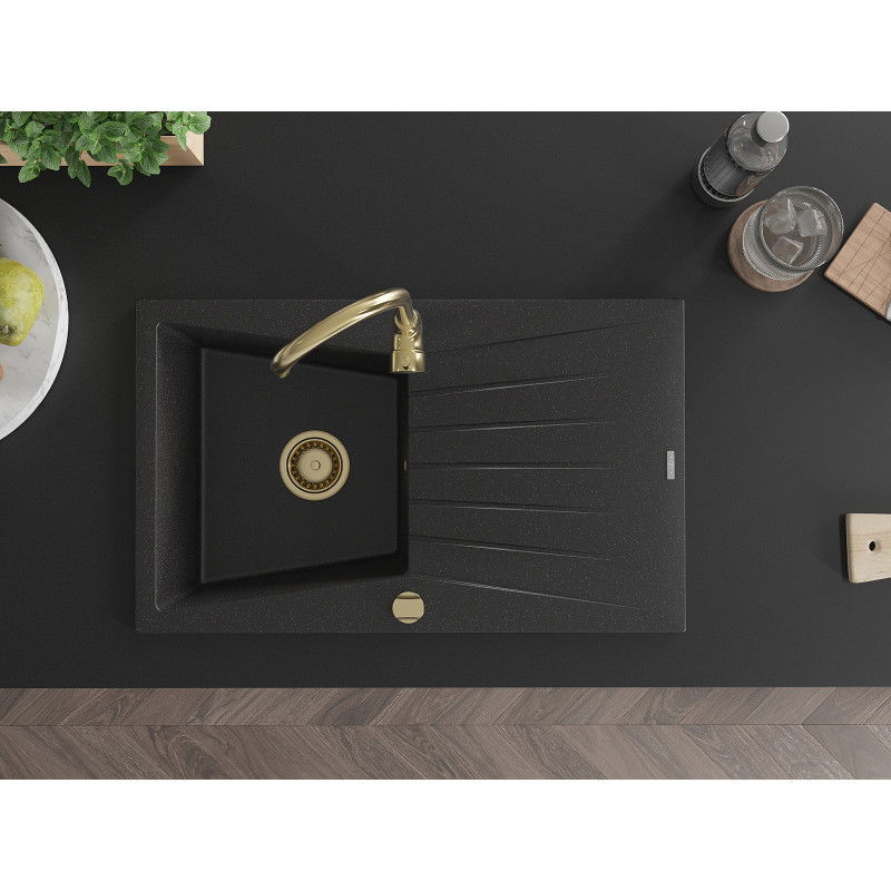 Mexen Cesar гранитна мивка с 1 отделение, с отцедник и кухненски смесител Telma, черно/сребърно - 6514-73-670200-50