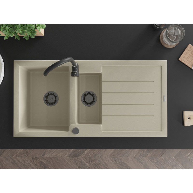 Mexen Andres гранитна мивка 1,5-коморна с дренаж и кухненски смесител Telma, бежов - 6515-69-670200-70