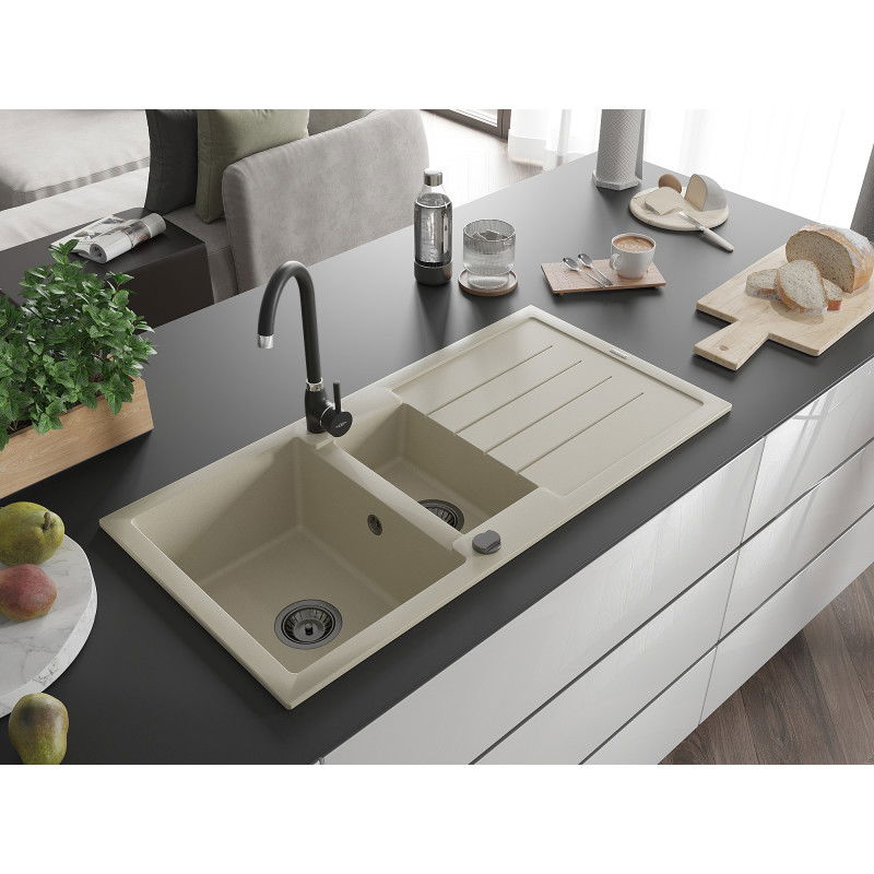 Mexen Andres гранитна мивка 1,5-коморна с дренаж и кухненски смесител Telma, бежов - 6515-69-670200-70