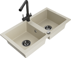 Mexen Mario кухненска мивка от гранит с 2 камери и кухненски смесител Duero, бежов - 6504-69-671600-70
