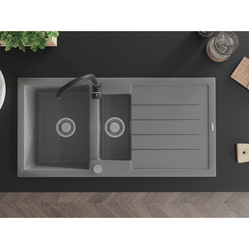 Mexen Andres гранитна мивка с 1,5 камери, сушилник и кухненски смесител Telma, сив - 6515-71-670200-70