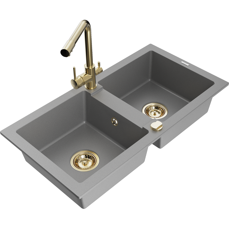 Mexen Mario двойна кухненска мивка от гранит с кухненски смесител Duero, сива