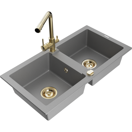 Mexen Mario двойна кухненска мивка от гранит с кухненски смесител Duero, сива