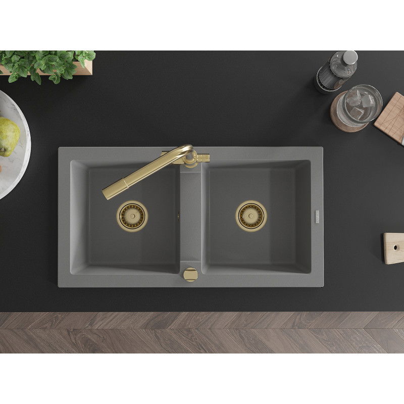 Mexen Mario двойна кухненска мивка от гранит с кухненски смесител Duero, сива