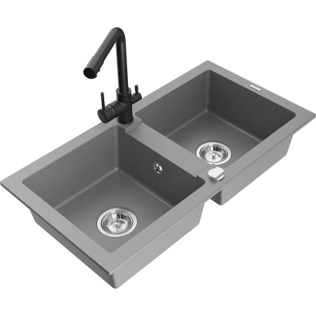 Mexen Mario гранитна мивка с 2 отделения с кухненски смесител Duero, сива - 6504-71-671600-70