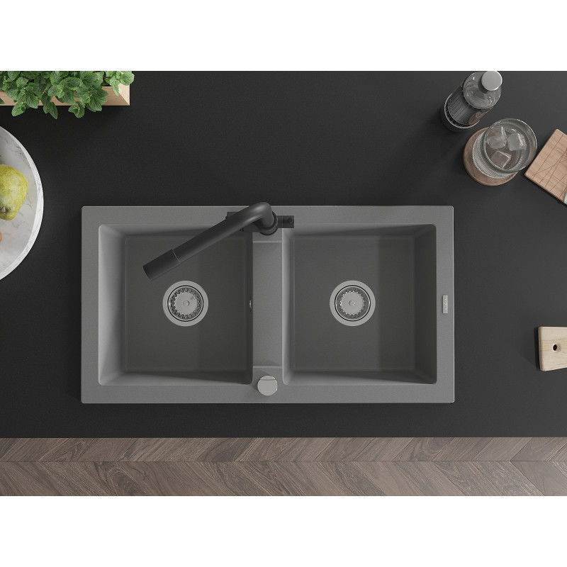 Mexen Mario гранитна мивка с 2 отделения с кухненски смесител Duero, сива - 6504-71-671600-70
