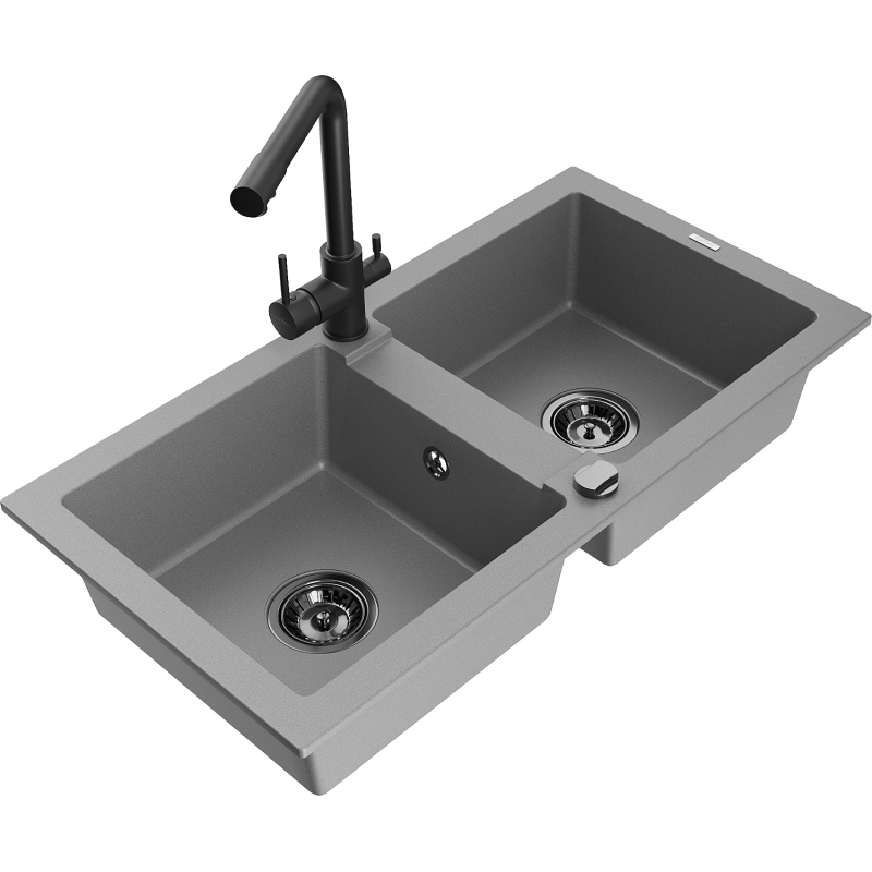 Mexen Mario гранитна мивка с 2 отделения и кухненски смесител Duero, сив - 6504-71-671600-70-B
