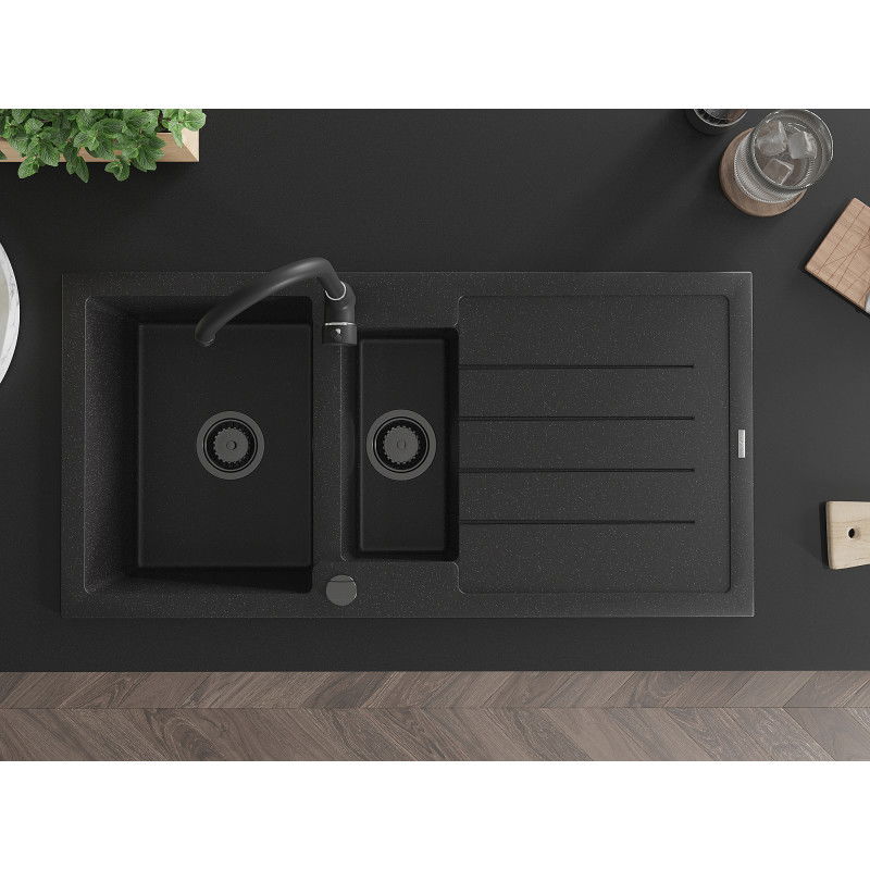 Mexen Andres гранитна мивка 1,5-камерна с плотове и кухненски смесител Telma, черно/сребристо - 6515-73-670200-70-B