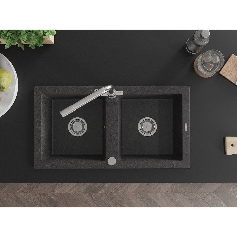 Mexen Mario Гранитна мивка с 2 камери и кухненски смесител Duero, Черен на пръски - 6504-76-671600-00