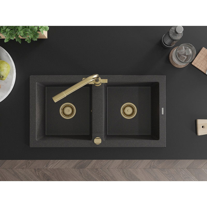 Mexen Mario двукоморна гранитна мивка с кухненски смесител Duero, черно на пръски - 6504-76-671600-50
