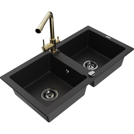Mexen Mario гранитна мивка с 2 камери и кухненски смесител Duero, черен - 6504-77-671600-50-B