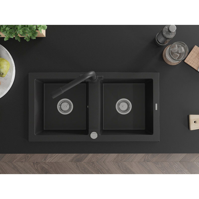 Mexen Mario гранитна мивка с 2 камери с кухненски смесител Duero, черен - 6504-77-671600-70