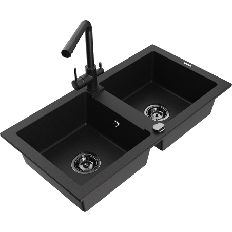 Mexen Mario двукомпонентна гранитна мивка с кухненски смесител Duero, черен - 6504-77-671600-70-B