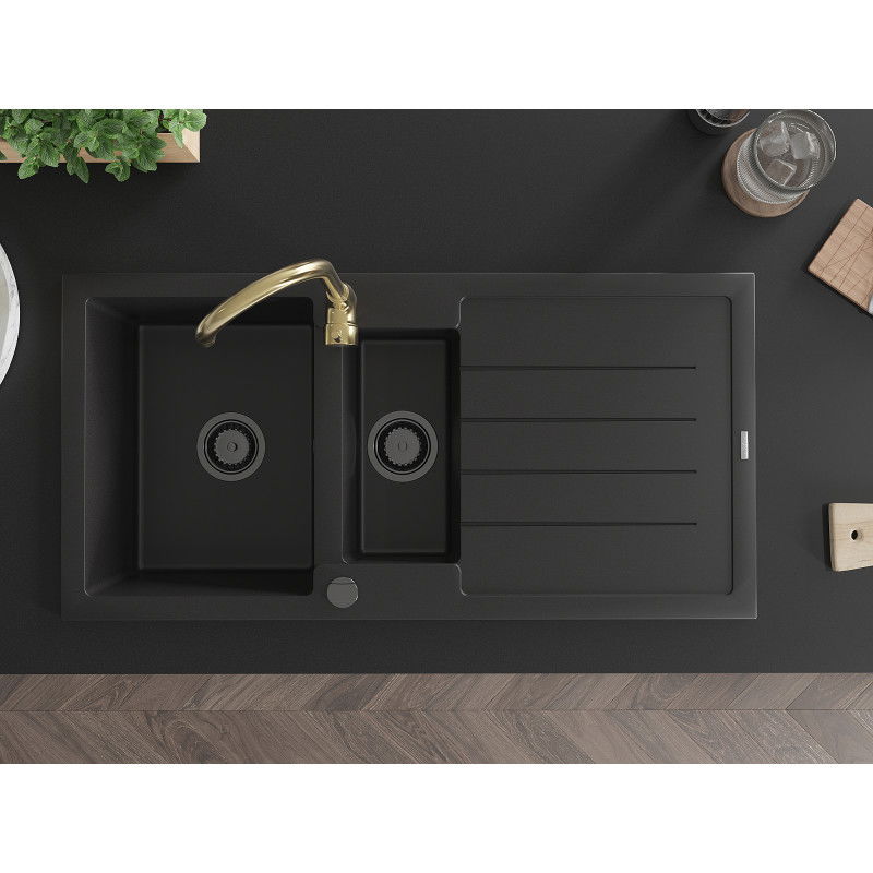 Mexen Andres гранитна мивка с 1,5 отделения и сушилник и кухненски смесител Telma, черен - 6515-77-670200-50-B