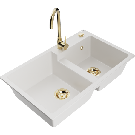 Mexen Tomas гранитна мивка с 2 камери с кухненски смесител Telma, бял