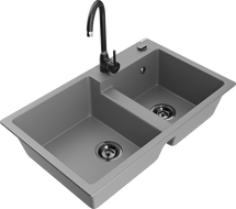 Mexen Tomas гранитна кухненска мивка с 2 корита и кухненски смесител Telma, сив - 6516-71-670200-70-B