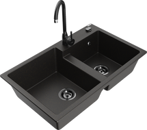 Mexen Tomas гранитна мивка с 2 отделения и кухненски смесител Telma, черен/златист металик - 6516-75-670200-70-B