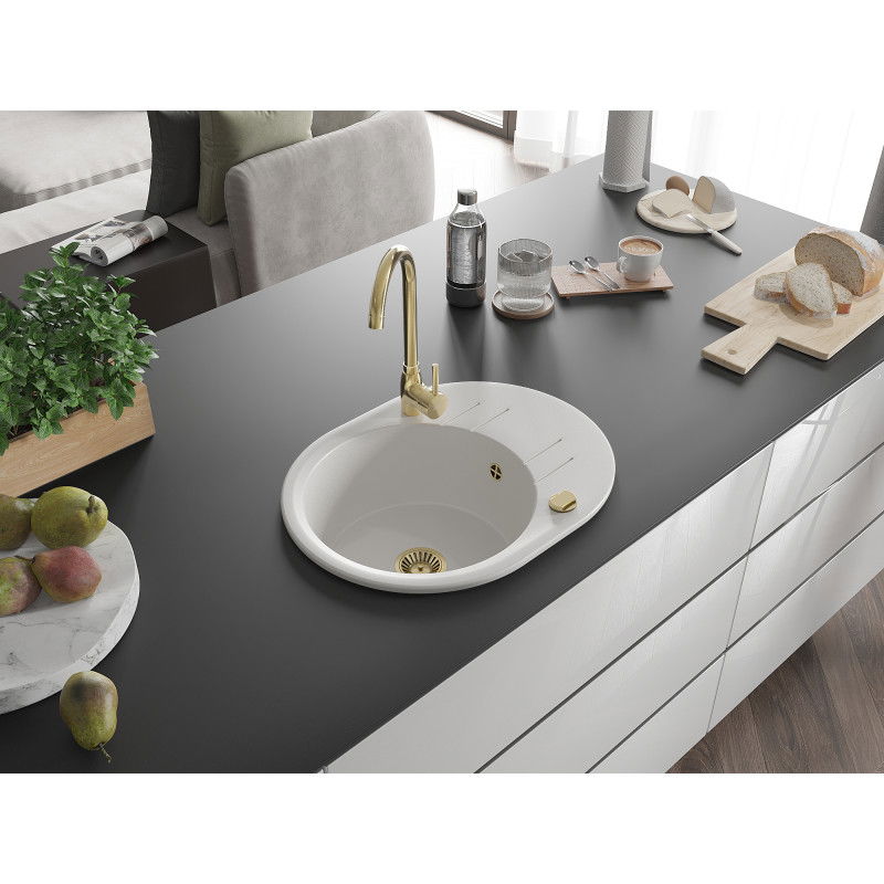 Mexen Kevin гранитна мивка с една камера и отцедник с кухненски смесител Telma, бял - 6517-20-670200-50