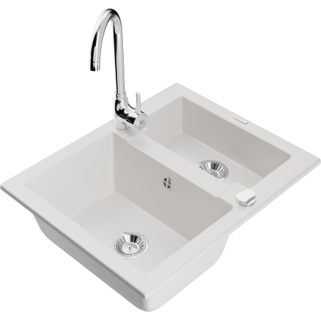 Mexen Carlos Гранитна мивка с 1,5 камери с кухненски смесител Telma, бяла