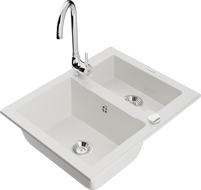 Mexen Carlos Гранитна мивка с 1,5 камери с кухненски смесител Telma, бяла