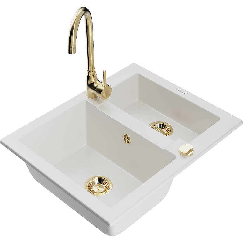 Mexen Carlos гранитна мивка с 1,5 камери и кухненски смесител Telma, бяла