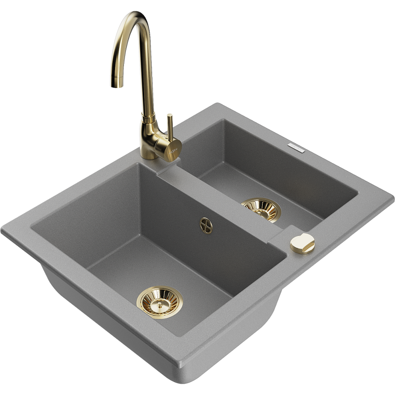 Mexen Carlos гранитна кухненска мивка с 1,5 камери и смесител Telma, сив